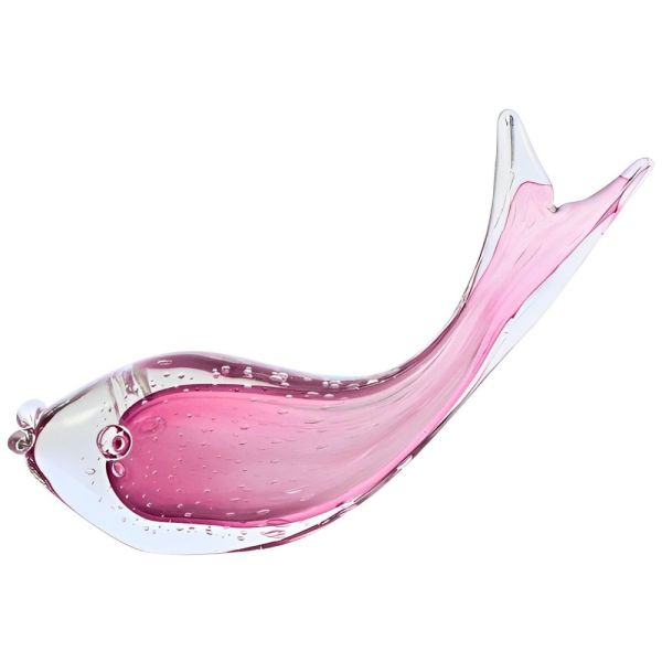 Hand Made Magenta Pink and Clear Bubble Art Glass Fish 1960s