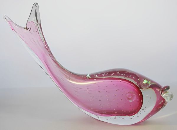 Hand Made Magenta Pink and Clear Bubble Art Glass Fish 1960s