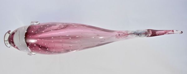 Hand Made Magenta Pink and Clear Bubble Art Glass Fish 1960s