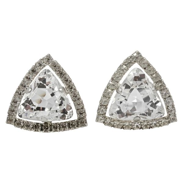Large Silver Tone Clear Rhinestone Clip On Earrings circa 1960s