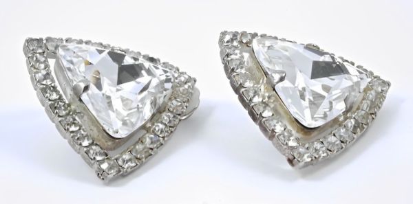 Large Silver Tone Clear Rhinestone Clip On Earrings circa 1960s