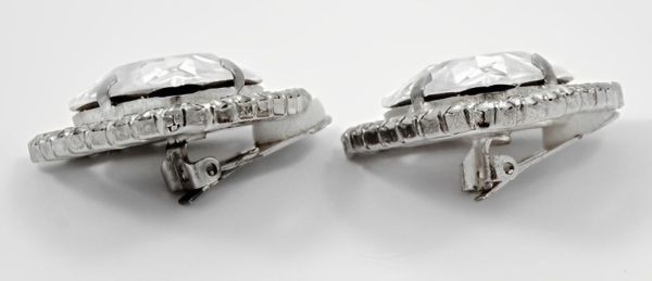 Large Silver Tone Clear Rhinestone Clip On Earrings circa 1960s