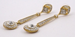 Long Gold Plated and Clear Diamante Drop Earrings circa 1980s