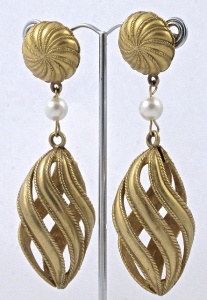 Long Gold Plated and Faux Pearl Drop Clip On Earrings circa 1970s