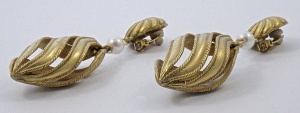 Long Gold Plated and Faux Pearl Drop Clip On Earrings circa 1970s