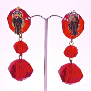 Long Ruby Red Faceted Plastic Drop Clip On Earrings 1970s