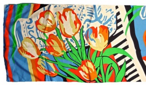 Long Silk Scarf with Abstract Tulip Flower and Vase Print