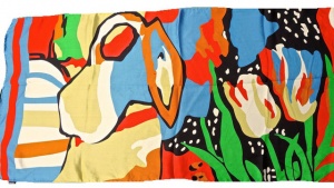 Long Silk Scarf with Abstract Tulip Flower and Vase Print