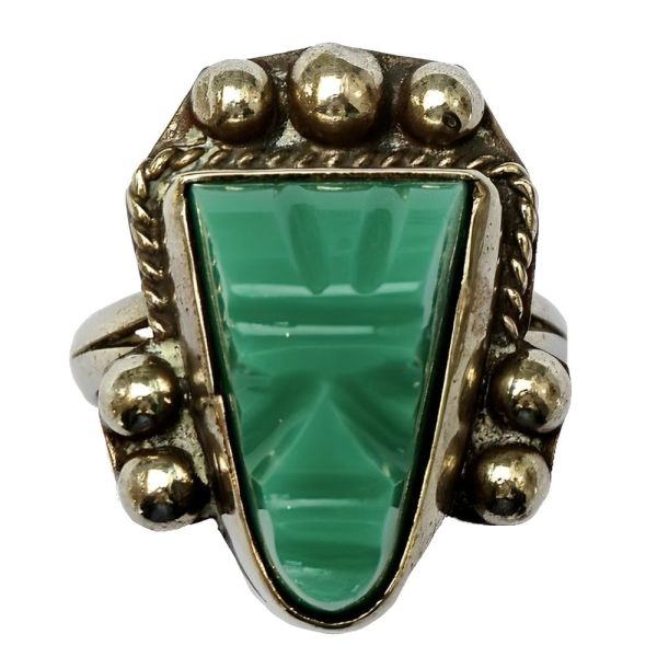 Vintage Mexico Alpaca Green Onyx Mask Ring circa 1960s