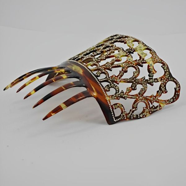 Mid Century Faux Tortoiseshell Mantilla Rhinestone Hair Comb