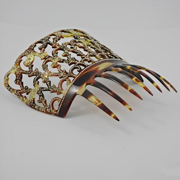 Mid Century Faux Tortoiseshell Mantilla Rhinestone Hair Comb