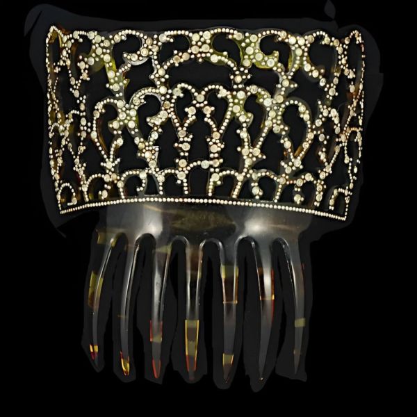 Mid Century Faux Tortoiseshell Mantilla Rhinestone Hair Comb