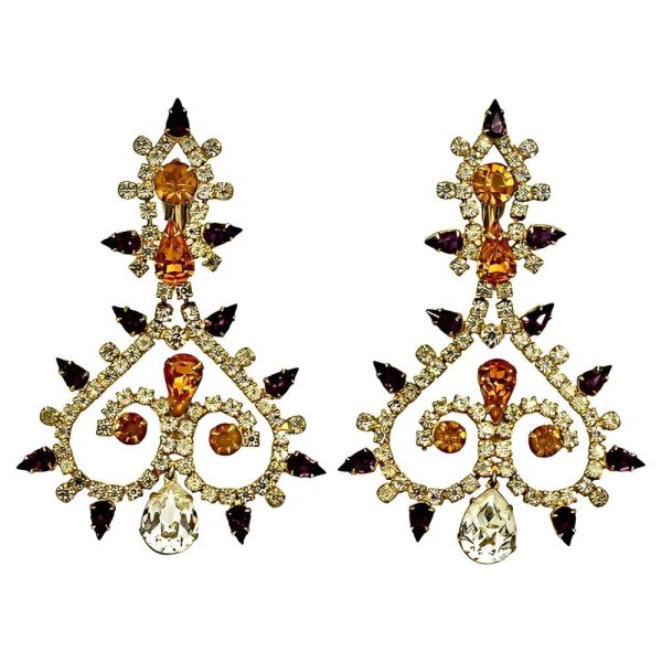 Mimi di N Gold Plated Rhinestone Cocktail Clip On Earrings 1960s