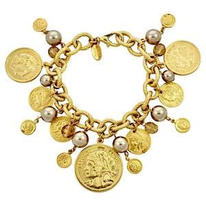 Miriam Haskell Russian Gold Plated Coin Pearl Glass Charm Bracelet