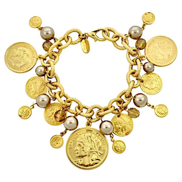 Miriam Haskell Russian Gold Plated Coin Pearl Glass Charm Bracelet