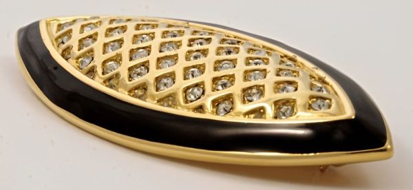 Monet Gold Tone Black Enamel Diamante Brooch circa 1980s
