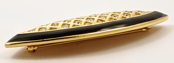 Monet Gold Tone Black Enamel Diamante Brooch circa 1980s