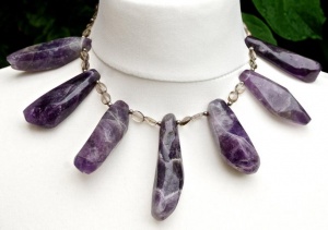 Natural Amethyst and Silver Necklace with Clear Glass Stones