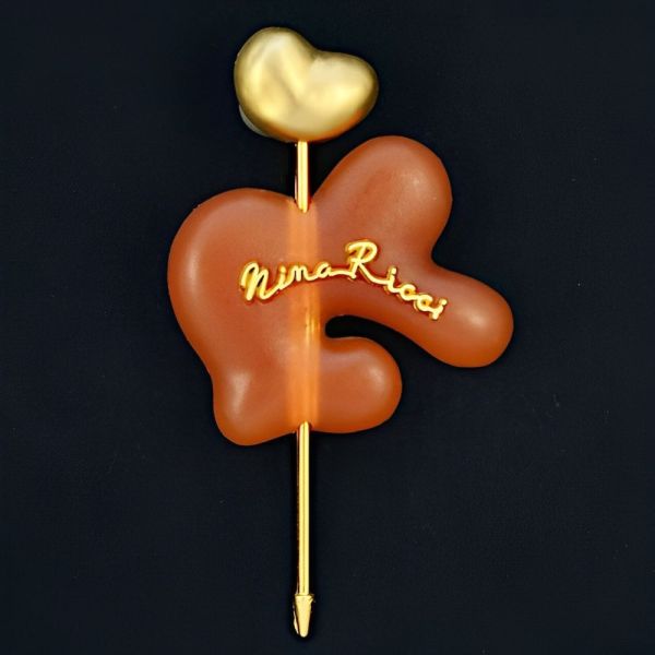 Nina Ricci Gold Plated and Abstract Orange Plastic Brooch