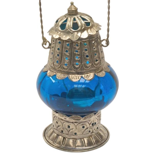 Pair Moroccan Red and Blue Glass Hand Made Tealight Lanterns