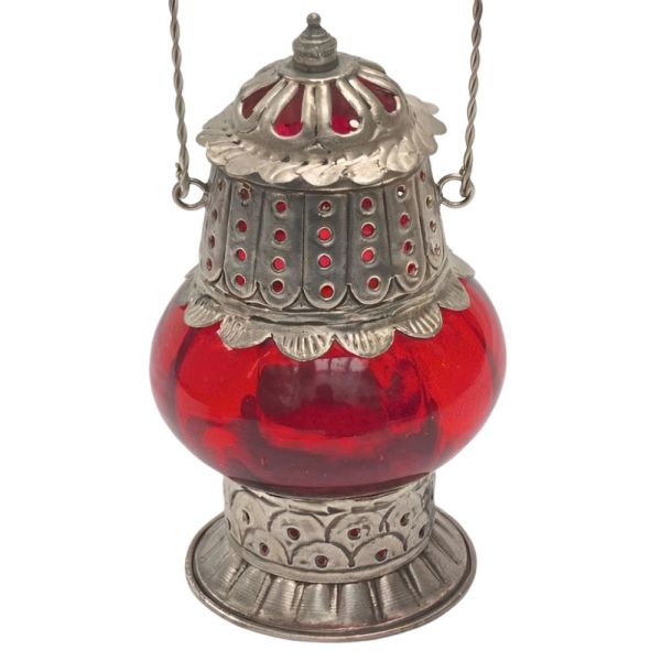 Pair Moroccan Red and Blue Glass Hand Made Tealight Lanterns
