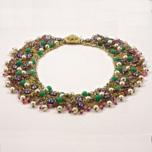 Pink Green Purple Glass Beads Faux Pearl Necklace circa 1950s