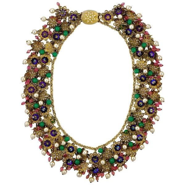 Pink Green Purple Glass Beads Faux Pearl Necklace circa 1950s