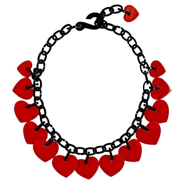 Marion Godart Plastic Red Heart Drops and Black Chain Necklace