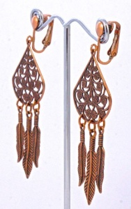 Vintage Copper Swirl and Feather Drop Clip On Earrings