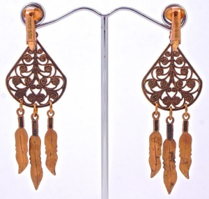 Vintage Copper Swirl and Feather Drop Clip On Earrings