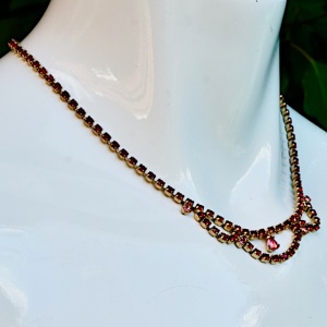 Gold Plated Red and Pink Rhinestone Necklace circa 1950s