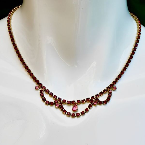 Gold Plated Red and Pink Rhinestone Necklace circa 1950s