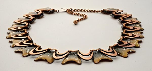 Renoir Matisse Copper Gold Black and White Enamel Drop Necklace Arabella Bianco