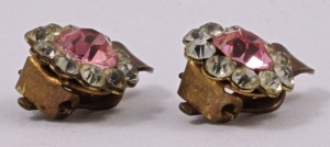 Gold Tone Clear and Pink Diamante Earrings circa 1930s