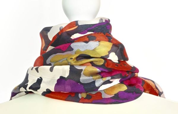 Long Silk Multi Colour Flower and Navy Blue Background Scarf