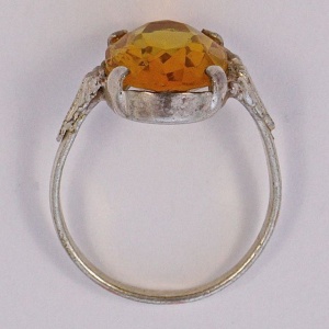 Art Deco Silver Tone Ring with an Oval Gold Glass Stone