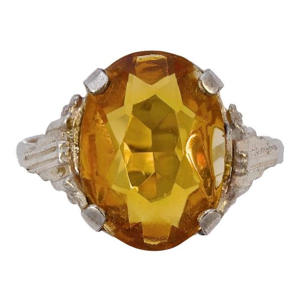 Art Deco Silver Tone Ring with an Oval Gold Glass Stone