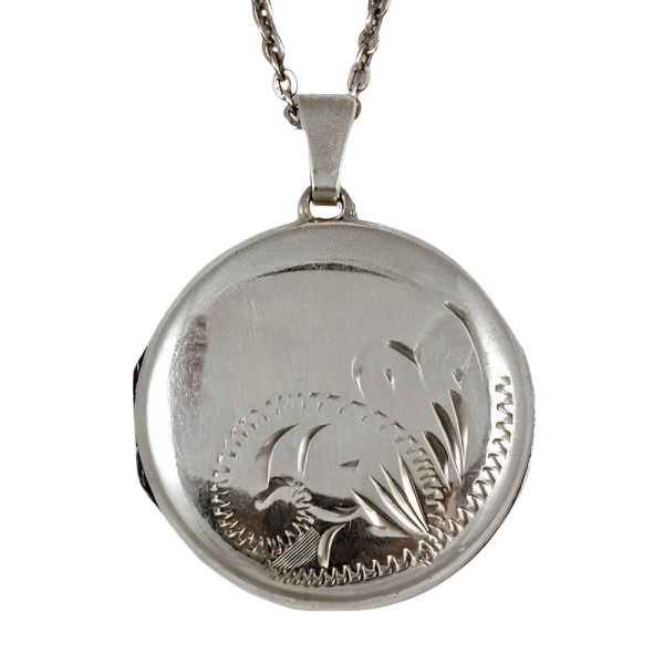 Silver Engraved Round Locket and Trace Chain circa 1970s