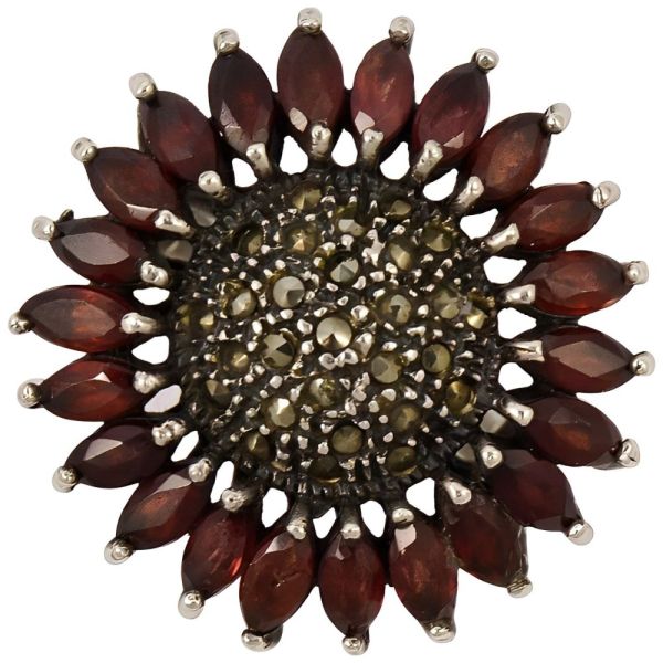 Silver Garnet and Marcasite Flower Statement Ring