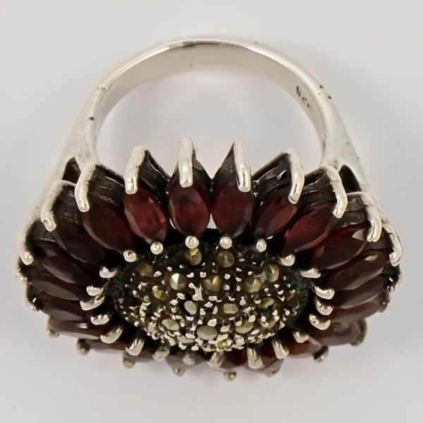 Silver Garnet and Marcasite Flower Statement Ring