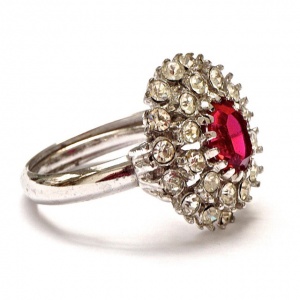 Silver Plated Dark Pink and Clear Rhinestone Cluster Ring