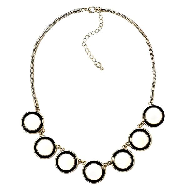 Gold Tone Mother of Pearl Black Enamel Drop Necklace 1980s