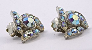 Gold Tone Blue Aurora Borealis Clip On Earrings circa 1950s