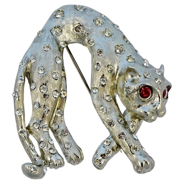 Silver Plated and Diamante Leopard Brooch circa 1980s