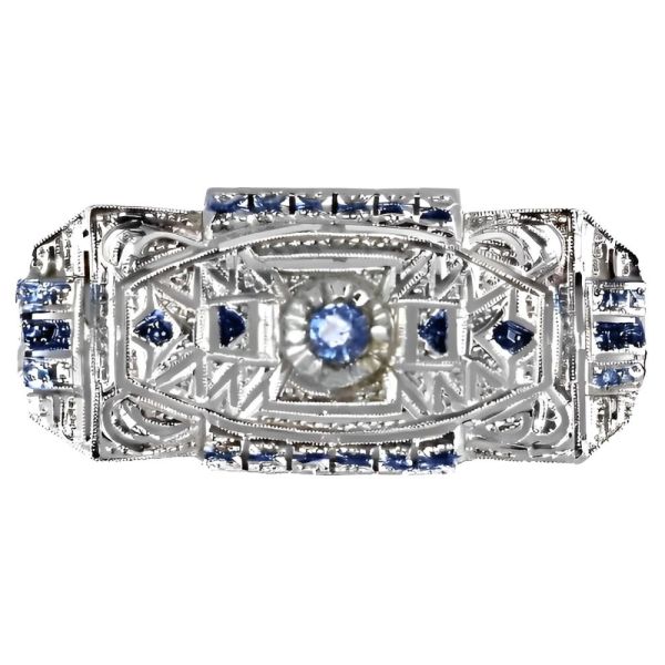 Art Deco Silver Tone and Blue Pierced Bar Brooch