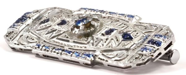 Art Deco Silver Tone and Blue Pierced Bar Brooch