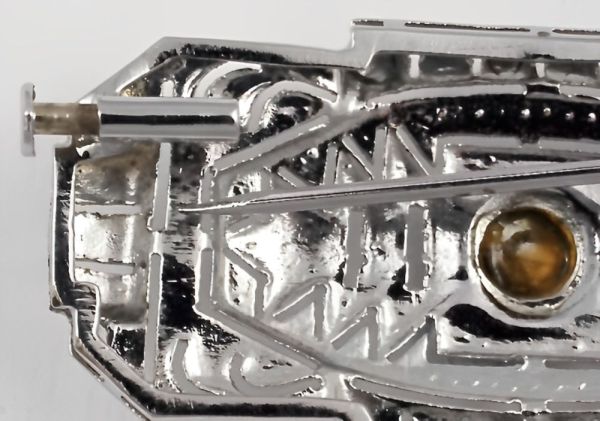 Art Deco Silver Tone and Blue Pierced Bar Brooch