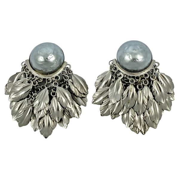 Grey Baroque Pearl Feather and Chain Drop Clip On Earrings