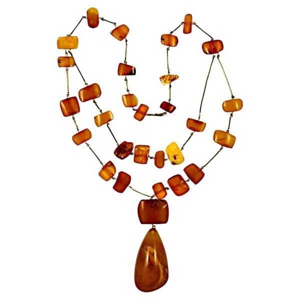 Double Strand Polished Amber Bead Necklace with Large Drop