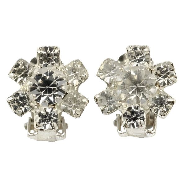 Silver Tone Diamante Round Clip On Earrings circa 1960s